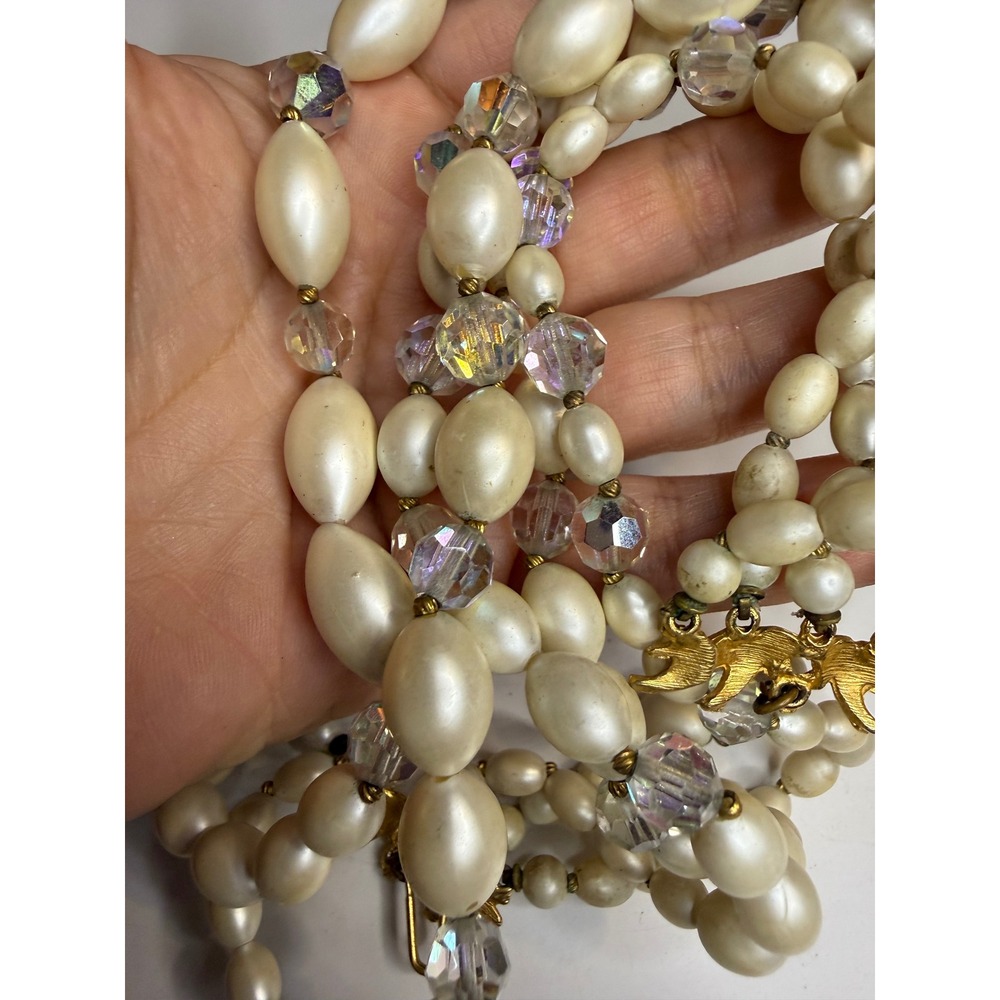 Vintage 4 Strand Faux Pearl Aurora Borealis Crystal Layered Necklace Gold Tone